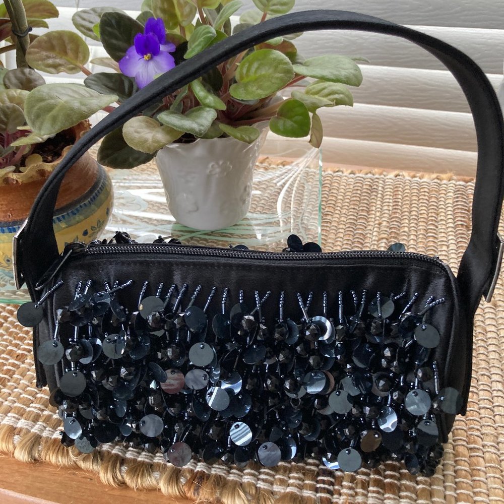 Kate Landry Black Beaded Barrel Cocktail Handbag